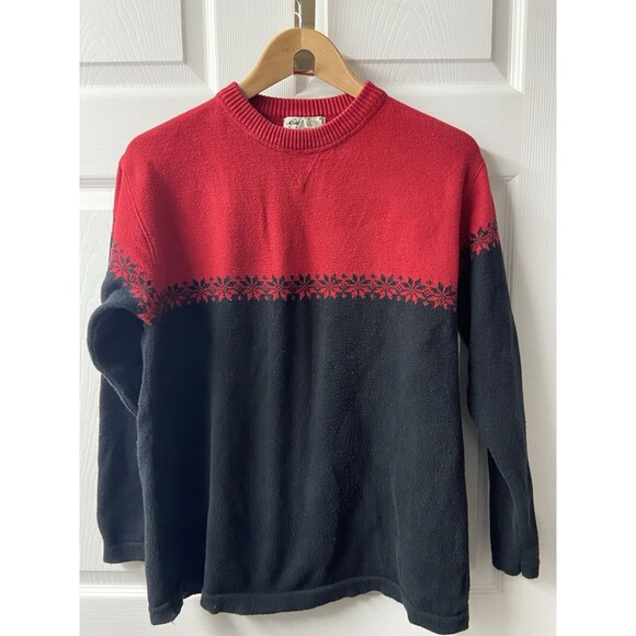 Eddie Bauer Fair Isle Sweater Mens Medium Red Black Cotton Pullover Skiing Hike - Picture 1 of 9